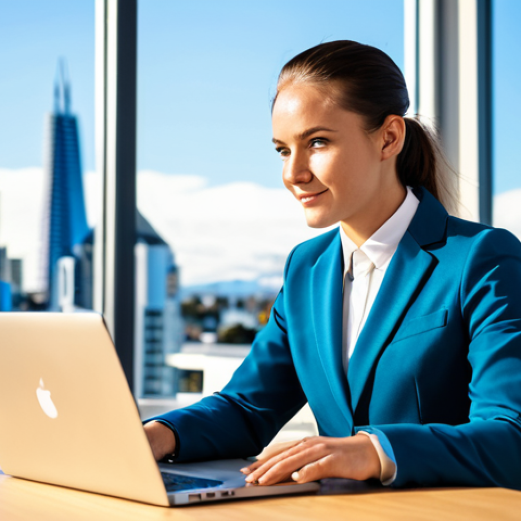A professional individual, fully clothed in a modest business suit, seated at a modern desk in a bright, contemporary office space. They are looking confidently at a laptop screen, with a well-organized resume visible on the table. The office features large windows overlooking a blurred, vibrant city skyline that hints at a modern New Zealand city. The lighting is natural and inviting. Professional photography, high resolution, perfect anatomy, correct proportions, well-formed hands, proper finger count, natural body proportions, natural pose. The subject exhibits a confident and focused expression. Safe for work, appropriate content, fully clothed, professional dress, modest attire, family-friendly.