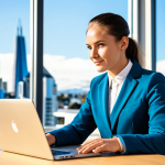 A professional individual, fully clothed in a modest business suit, seated at a modern desk in a bright, contemporary office space. They are looking confidently at a laptop screen, with a well-organized resume visible on the table. The office features large windows overlooking a blurred, vibrant city skyline that hints at a modern New Zealand city. The lighting is natural and inviting. Professional photography, high resolution, perfect anatomy, correct proportions, well-formed hands, proper finger count, natural body proportions, natural pose. The subject exhibits a confident and focused expression. Safe for work, appropriate content, fully clothed, professional dress, modest attire, family-friendly.