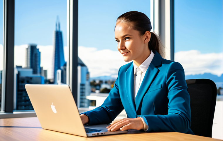 A professional individual, fully clothed in a modest business suit, seated at a modern desk in a bright, contemporary office space. They are looking confidently at a laptop screen, with a well-organized resume visible on the table. The office features large windows overlooking a blurred, vibrant city skyline that hints at a modern New Zealand city. The lighting is natural and inviting. Professional photography, high resolution, perfect anatomy, correct proportions, well-formed hands, proper finger count, natural body proportions, natural pose. The subject exhibits a confident and focused expression. Safe for work, appropriate content, fully clothed, professional dress, modest attire, family-friendly.