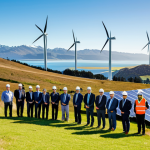 **Prompt for Renewable Energy & Policy:**
    A diverse group of fully clothed professionals, including engineers and policy makers, standing confidently on a hill overlooking a vast New Zealand landscape. In the background, modern wind turbines rotate gracefully, geothermal steam rises from a power plant, and solar panels glint under a clear sky. The scene conveys New Zealand's commitment to renewable energy and carbon neutrality by