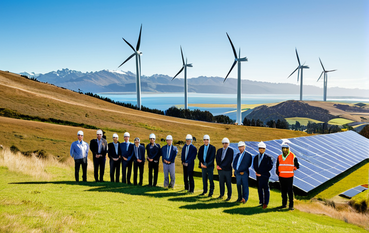 **Prompt for Renewable Energy & Policy:**
A diverse group of fully clothed professionals, including engineers and policy makers, standing confidently on a hill overlooking a vast New Zealand landscape. In the background, modern wind turbines rotate gracefully, geothermal steam rises from a power plant, and solar panels glint under a clear sky. The scene conveys New Zealand's commitment to renewable energy and carbon neutrality by